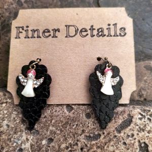 Christmas White Angel ornament on Black faux leather earrings NWT